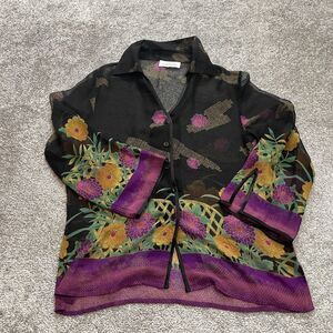 Chadwicks Blouse Button Up Top womens Medium Black Purple Sheer Tropical Floral